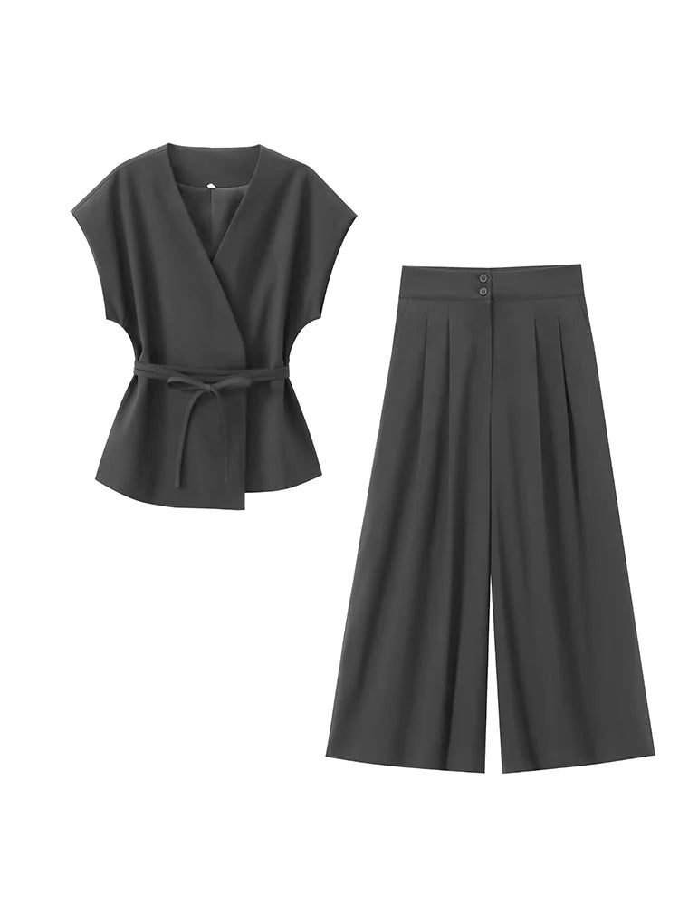 2-Piece Sleeveless V-Neck Trouser Set with Belt – Summer Commuter Wide Leg Suit