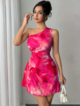 Women's Ink Print One-Shoulder Cut-Out Waist Mini Dress