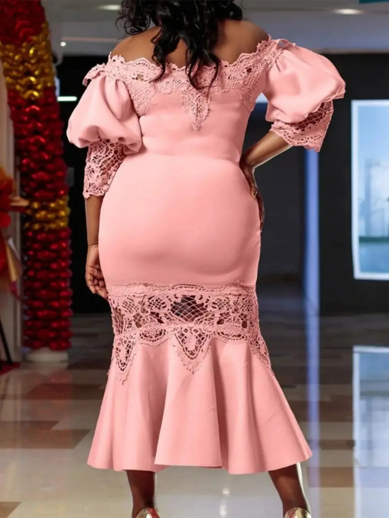 Elegant Lace Off-the-Shoulder Fishtail Evening Gown