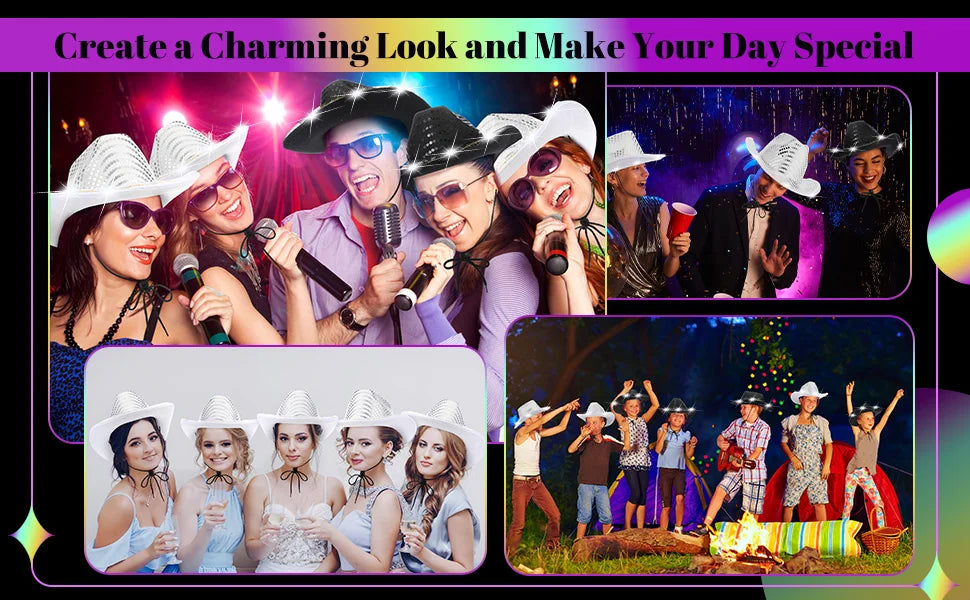 LED Light-Up Cowboy Hats – Glitter Party Pack