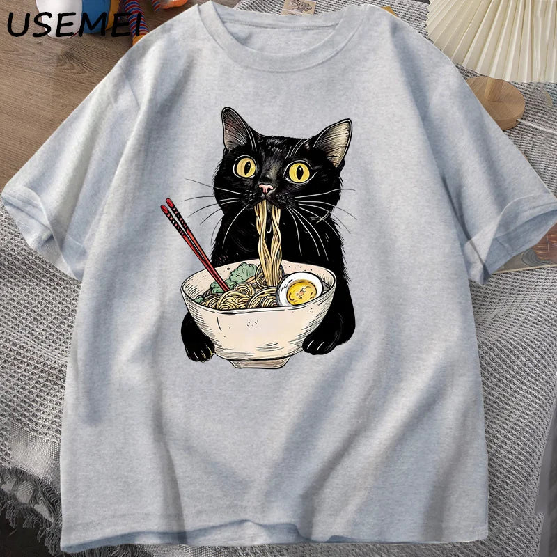 Noodle Ramen Cat T-Shirt Foodie Lover T Shirts Black Cat Noodle T-Shirts Retro Casual Short Sleeve Tshirt for Men Women Clothes