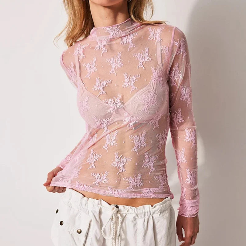 Floral Lace Sheer Mesh Long Sleeve Top