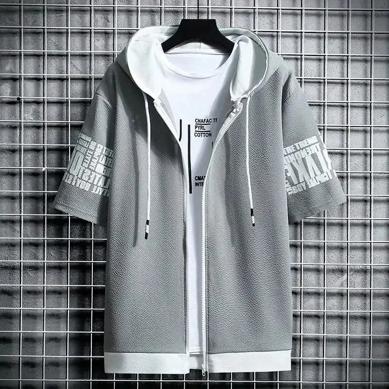 Fashion Men's Hoodies Summer Men Clothing T-shirt Zipper Hood Cartoon Casual T Shirt Print Hooded Top Short Sleeve Men