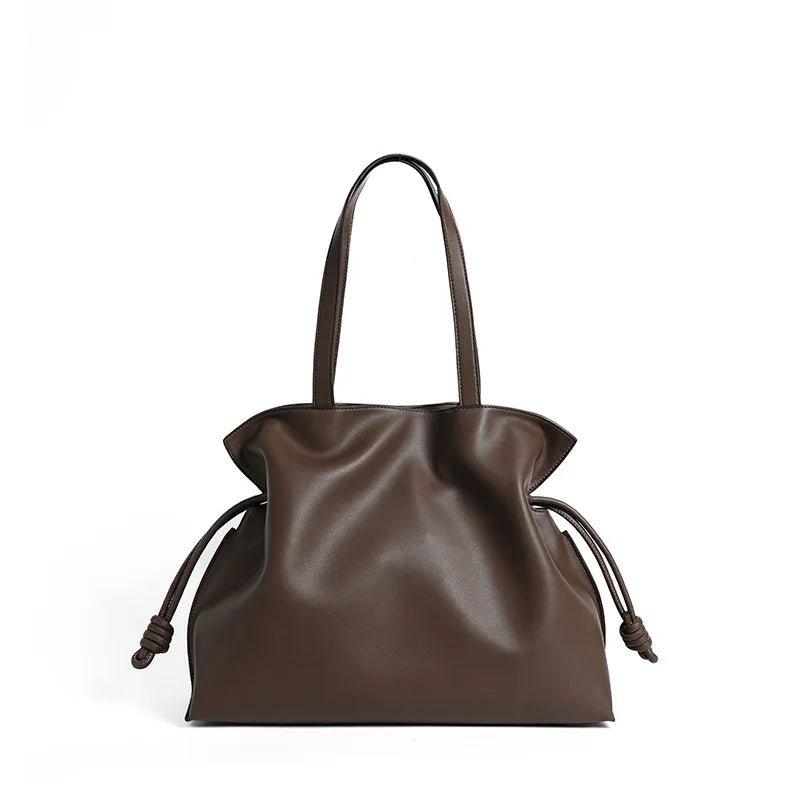 Autumn Winter High-End Leather Bucket Bag Drawstring Pleated Soft Cowhide Single Shoulder Tote Lucky Bag for Women