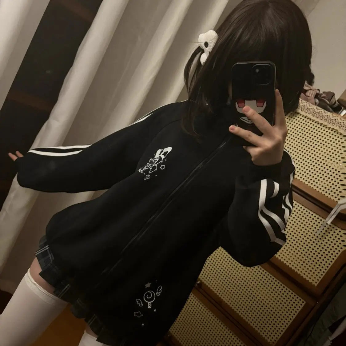 Women's Black Cotton Stand-Collar Zip-Up Jacket