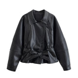 HH Women Vintage Motorcycle Jacket With Belt Faux Leather Trench Coat Long Sleeve Lapel Zipper Jacket Autumn High Street Outwear