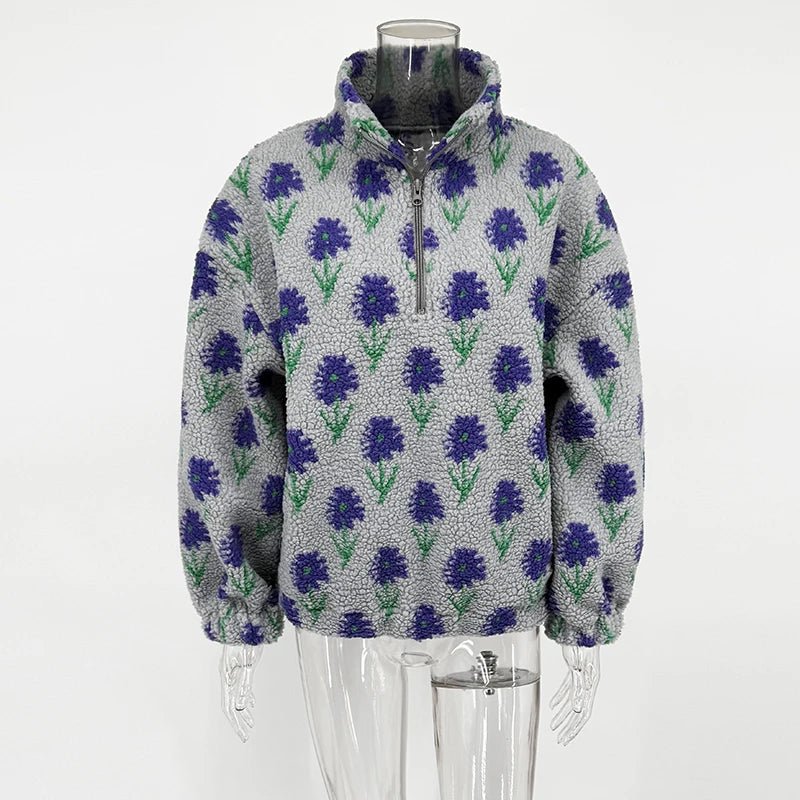TARUXY Fleece Printing Sweatshirt Women's Half-Zip Sweatshirt Fleece Loose Turtleneck Pullover Female Winter Leisure Sweatshirt