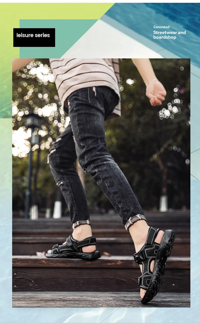 Summer Men Sandals PU Leather Lightweight Open Toe Flat Mens Casual Shoes Outdoor Walking Sandals for Men Beach Shoes Size 39-46