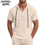 Men's Linen Cotton Hooded Shirt — Lightweight Short Sleeve Button Top