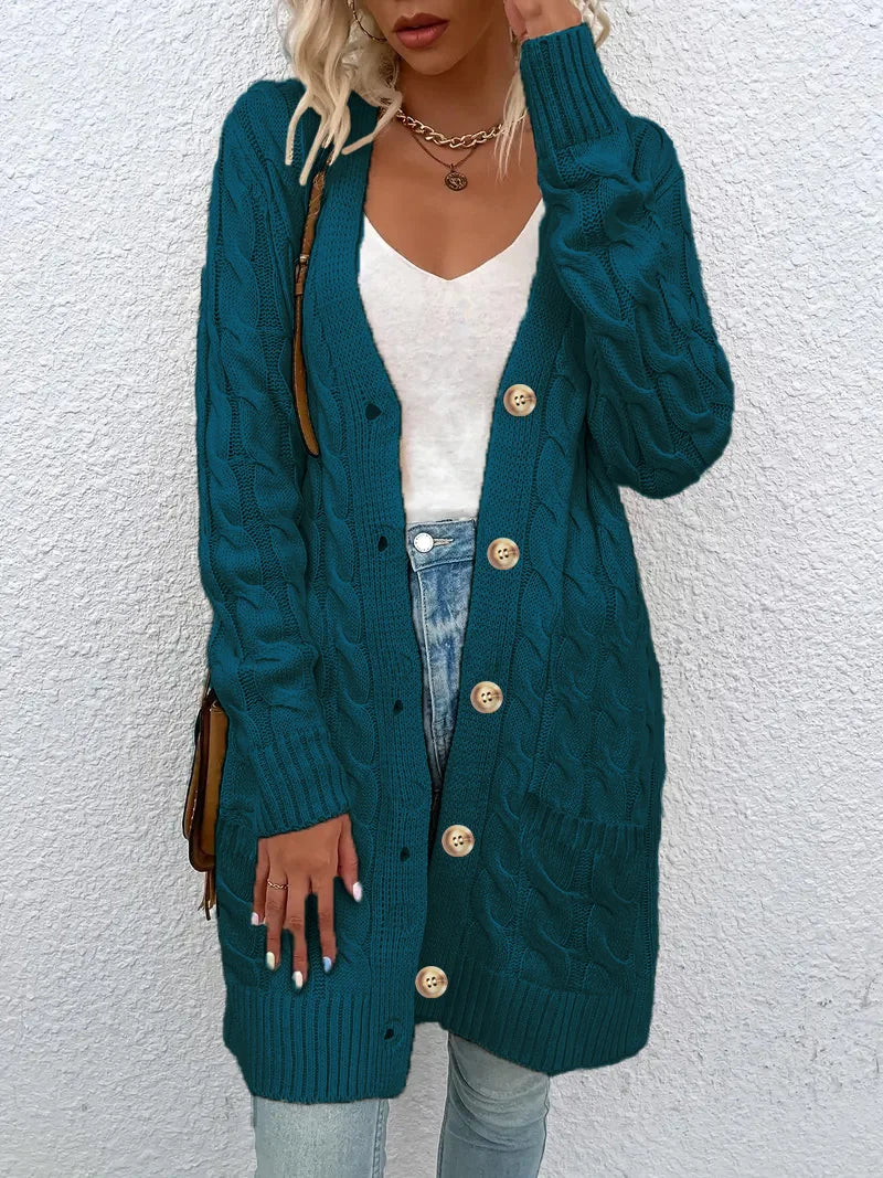 Women's Long Twisted-Knit Button-Front Cardigan Sweater