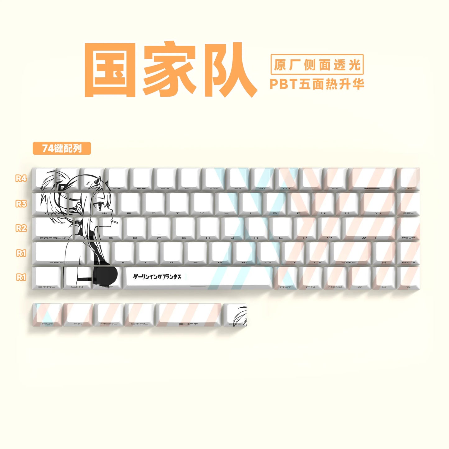 Anime 74-Key Original Height Side-Engraved Transparent PBT Keycaps Compatible With 61/68 Keyboards Computer Office Accessories
