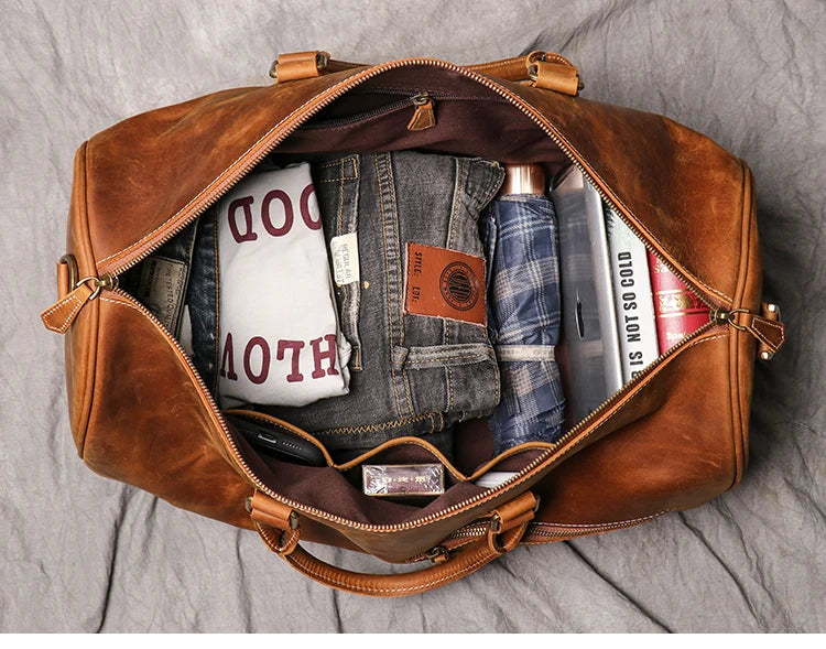 Leathfocus Men's Cowhide Travel Bag Women's Weekend Handbag Large Capacity Vintage Duffle Bag Crazy Horse Leather Laptop Bag