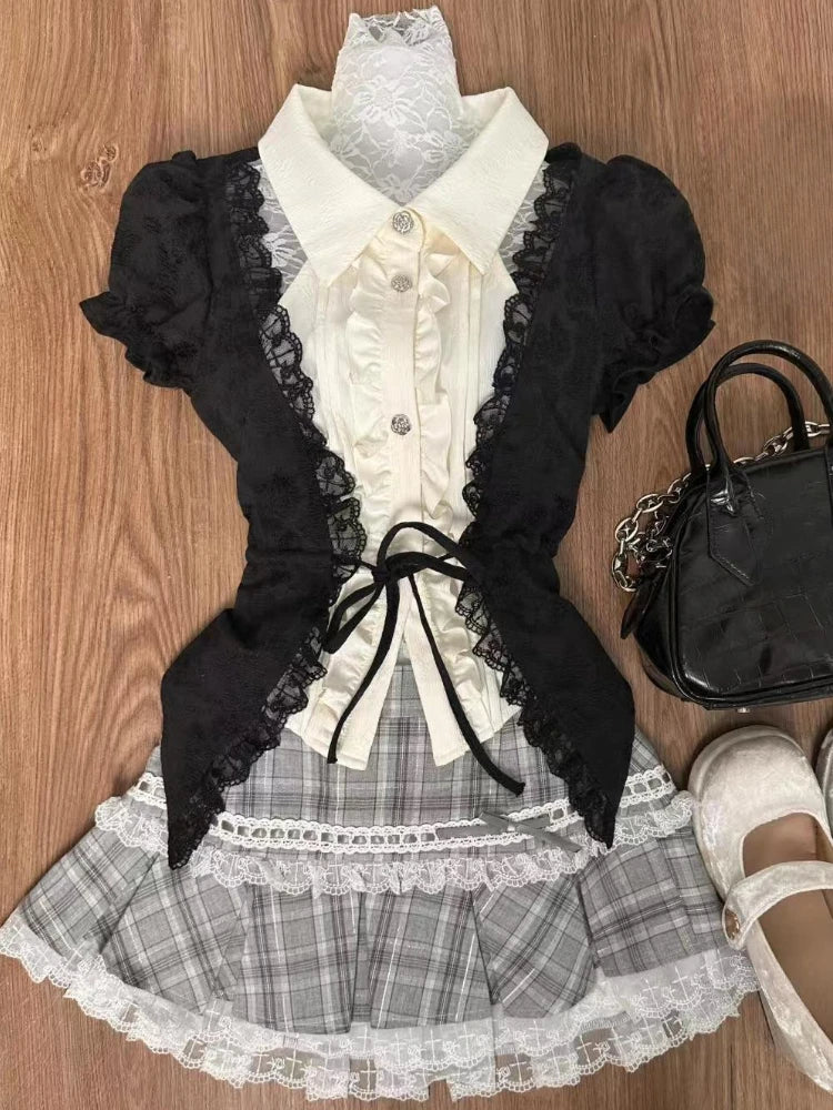 Japanese Sweet Lolita 2 Piece Sets Women Retro Off Shoulder Bow Blouse Tops Plaid Cake Mini Skirt Girls Kawaii Y2k Slim Outfits