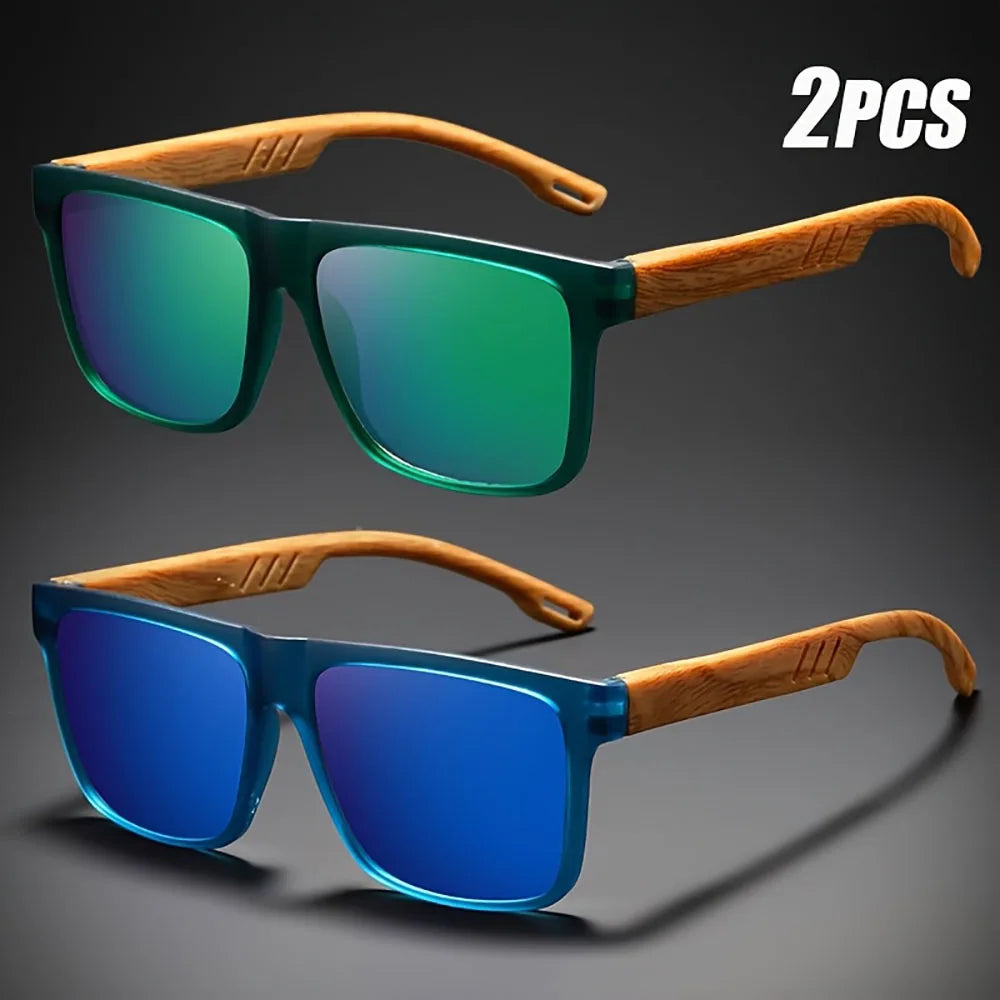 Square Wood-Grain Sunglasses – UV400 & Spring Hinges
