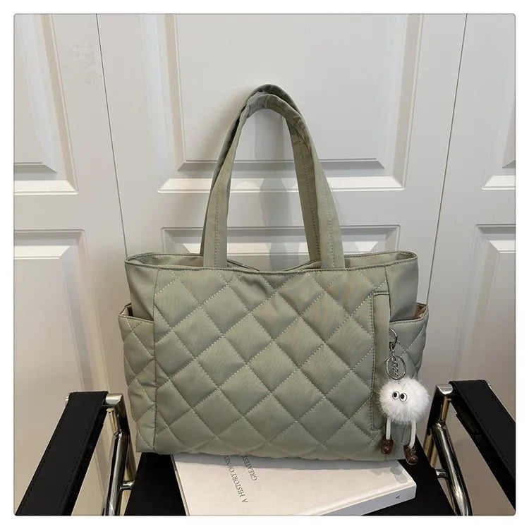 Multi Pocket Women Mailman Bag Diamond Patterned Cotton Clothing Shoulder Bag Large Capacity Tote Bag Casual Nylon Shoulder Bag