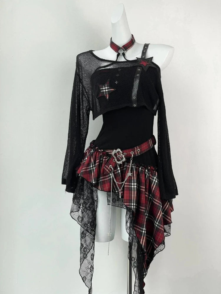 Gothic Hot Girl American Fashion 2 Piece Set Women Black Blouse + Chic Irregular Dress New Pure Desire Slim Vintage Suit Summer