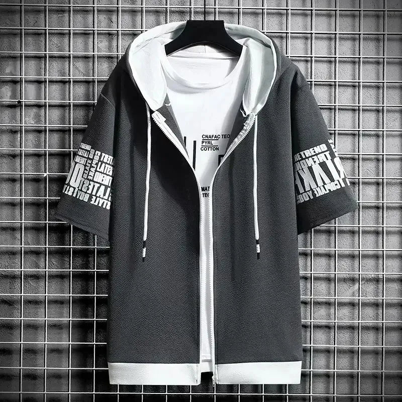 Fashion Men's Hoodies Summer Men Clothing T-shirt Zipper Hood Cartoon Casual T Shirt Print Hooded Top Short Sleeve Men