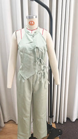 Women Green Bowknot Wide-leg Pant Suits Chic Solid Sleeveless Lace Up Slim Fit Long Pant Sets 2026 Lady Daily Street Outfits New