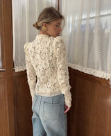 2026 Summer Lace Printed Shirts Tops Female Hollow Out Fashion Commute Vintage See-Through Blouse Women's Lace Shrug Shirts New