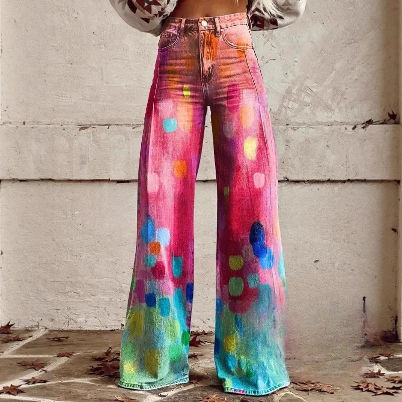 Women's 3D Print Wide-Leg "Jeans" – Trendy Low-Waist Flare Pants