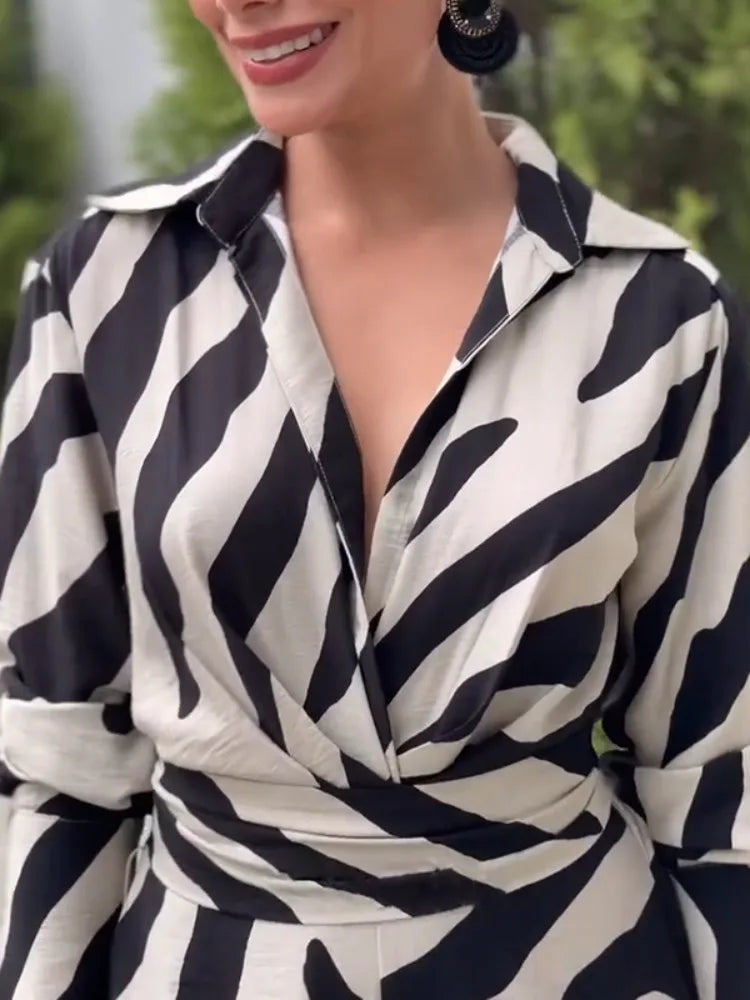 Zebra Print Lapel High-Waist Wide Leg Jumpsuit