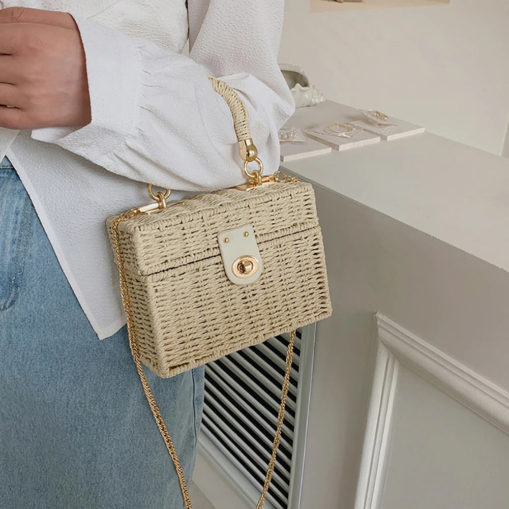 Rattan Straw Shoulder Bag Women Boho Hand-Woven Basket Messenger Pouch Summer Beach Square Box Top-handle Handbag