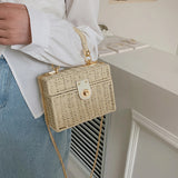 Rattan Straw Shoulder Bag Women Boho Hand-Woven Basket Messenger Pouch Summer Beach Square Box Top-handle Handbag