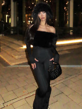 Winter Furry Patchwork Jumpsuit – Slash Neck Long Sleeve Slim Fit Streetwear
