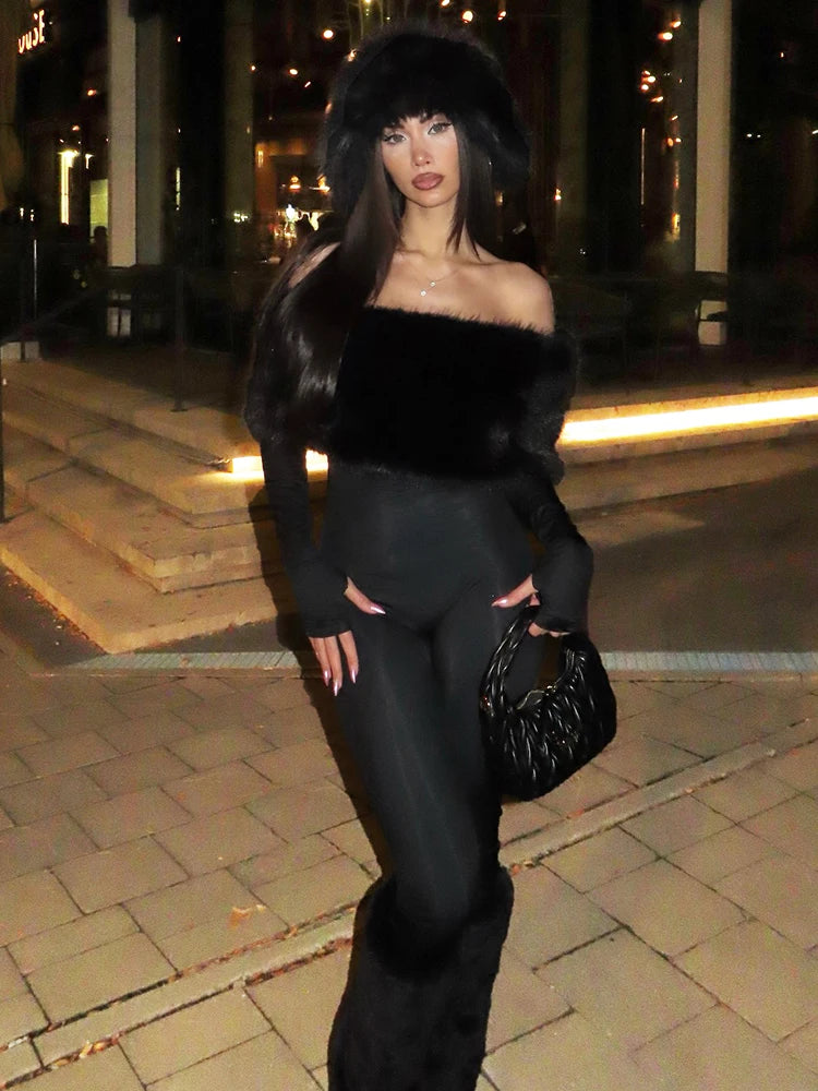 Winter Furry Patchwork Jumpsuit – Slash Neck Long Sleeve Slim Fit Streetwear