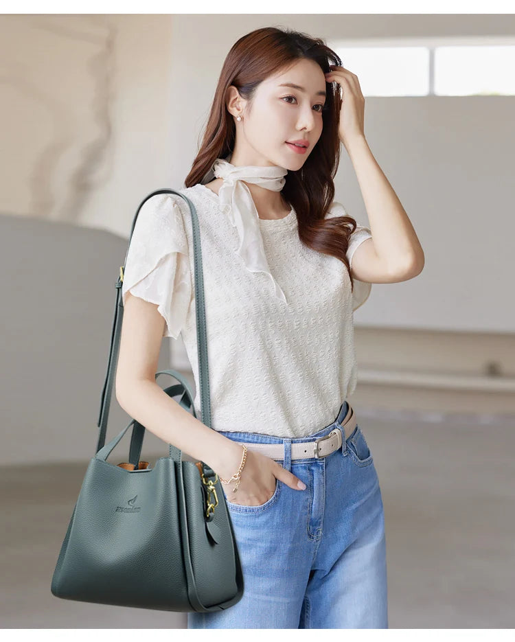 Genuine Brand Sturdy Durable Soft Leather Top-handle Bags Female Handbags Women 3 Layer Shoulder Crossbody Totes Messenger Bag