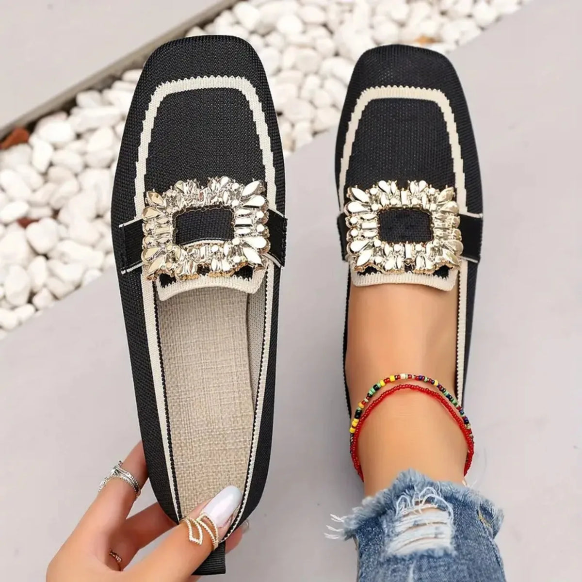 Women Flats Spring 2025 New Large Size Flat Loafers Shoes Women Knitting Slip-on Square Head Breathable Fashion Shoes for Women