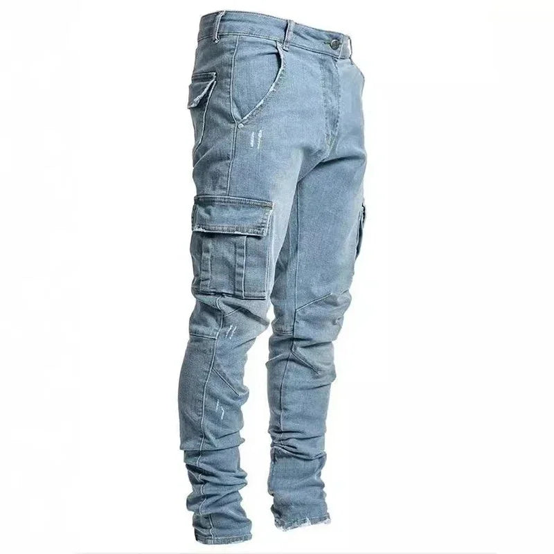 Men Street Elastic Denim Jeans Wash Solid Color Multi Pockets Cargo Pants Casual Slim Fit Daily Wear Joggers Mid Waist Trousers