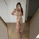 Print Chiffon Long Dress Women V Neck Half Sleeves High Waist Ruffles Belts Split Robe Female 2026 Summer Chic Vacation Dresses