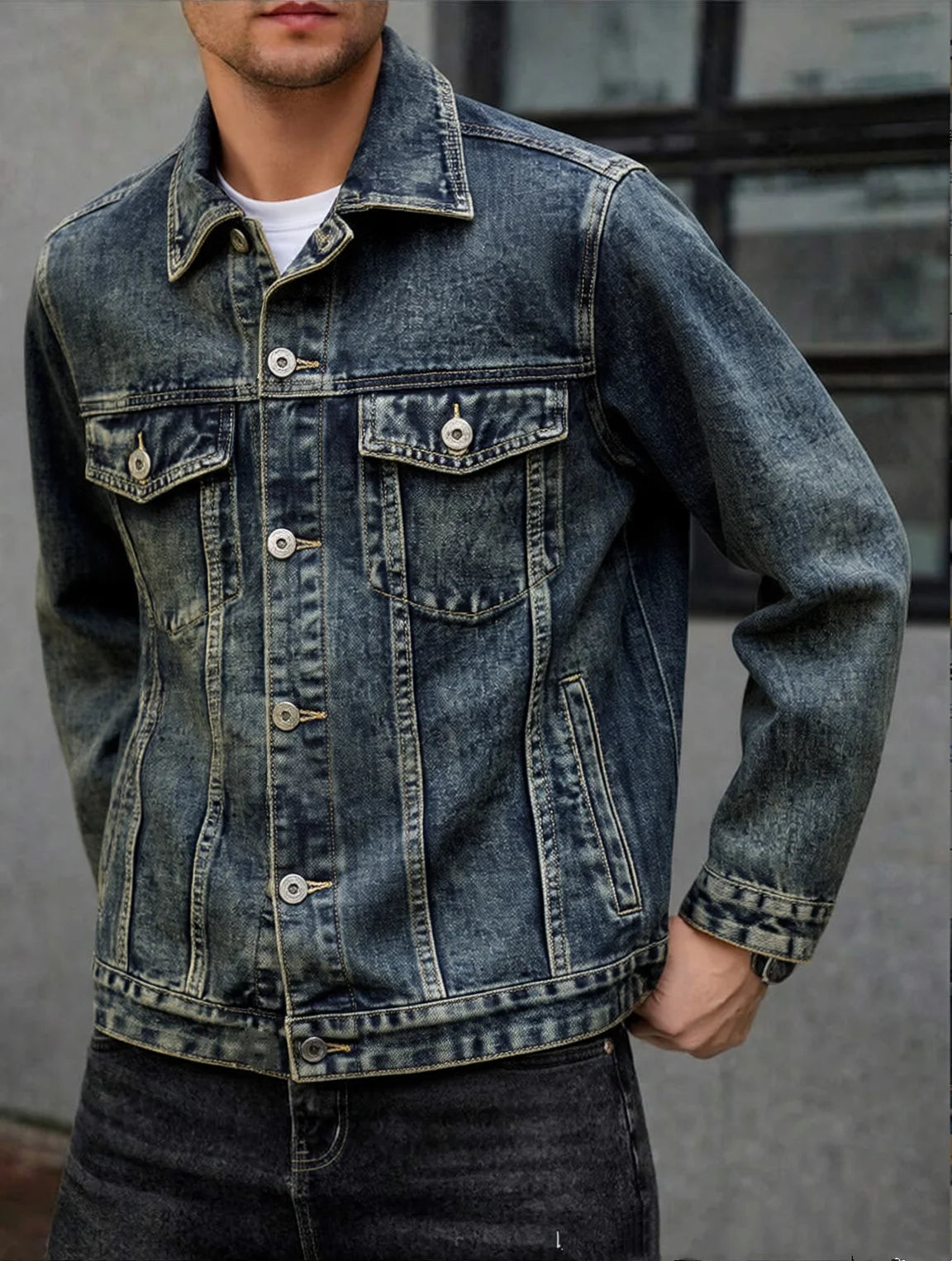 American style multi pocket denim jacket for men blue grey vintage washed loose fitting versatile trendy workwear jacket