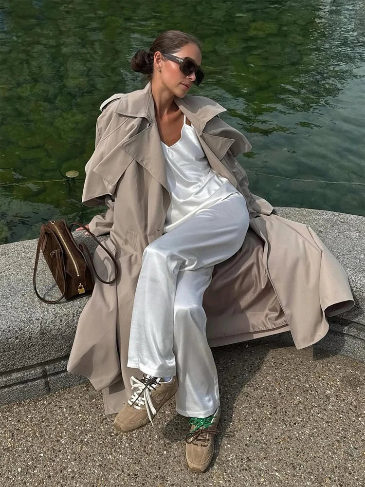 Navy Collar Lace Up Woolen Long Coat Women Elegant V-neck Full Sleeves Pockets Loose Overcoat 2026 Spring Lady Daily Street Wear