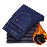 Men Autumn Winter Fleece Lined Thickened Jeans Male Business Straight Leg Loose High Waist Denim Pants Stretch Casual Trousers