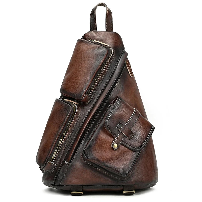 Single Shoulder Bagpack Genuine Leather Chest Bag Outdoor Riding Bag Chest Packs For Biker Men Male Sling Bags Cow Leather