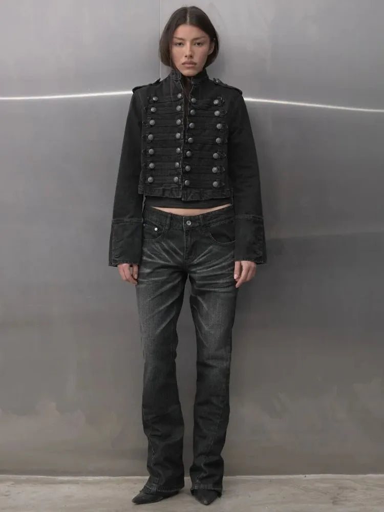 Y2K Retro Hussars Jacket Stand Collar Double Breasted Button Cropped Jacket Napoleon Old Money BLK Denim Jacket Women Boxy Coat