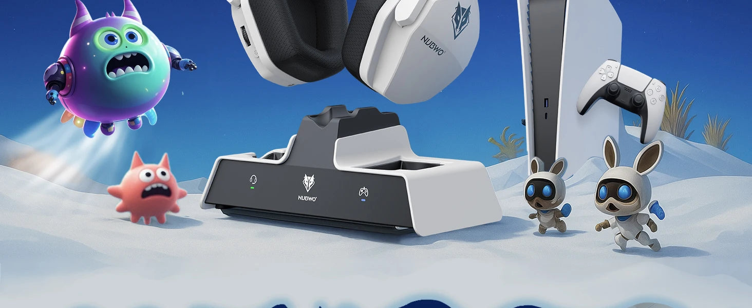 NUBWO G06 Wireless Headsets Gamer with Charging Station for Headset and PS5 Controller Gaming Headphones Long Battery Life