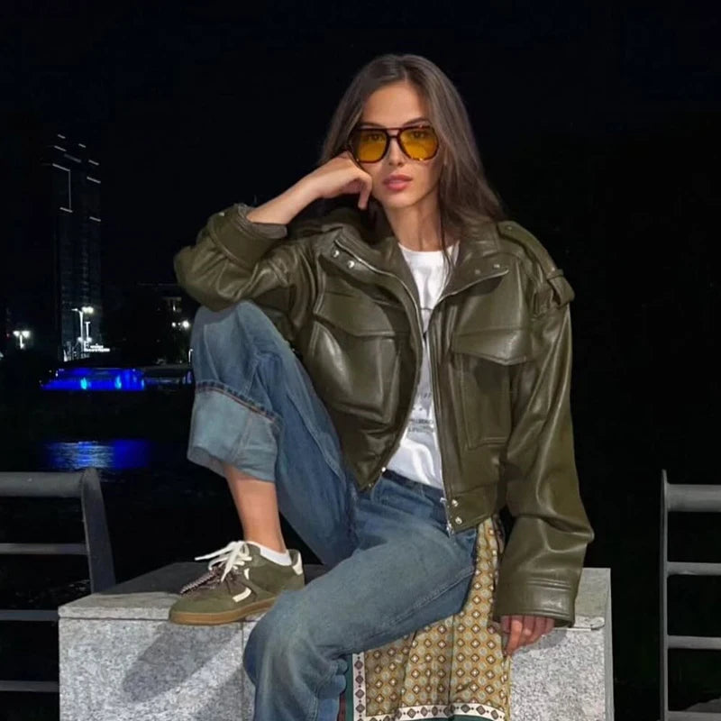 Women's Jacket Faux Leather Jacket Green Women's Demi-Season Jacket Outerwears Women's Autumn New In Coat Windbreaker Streetwear