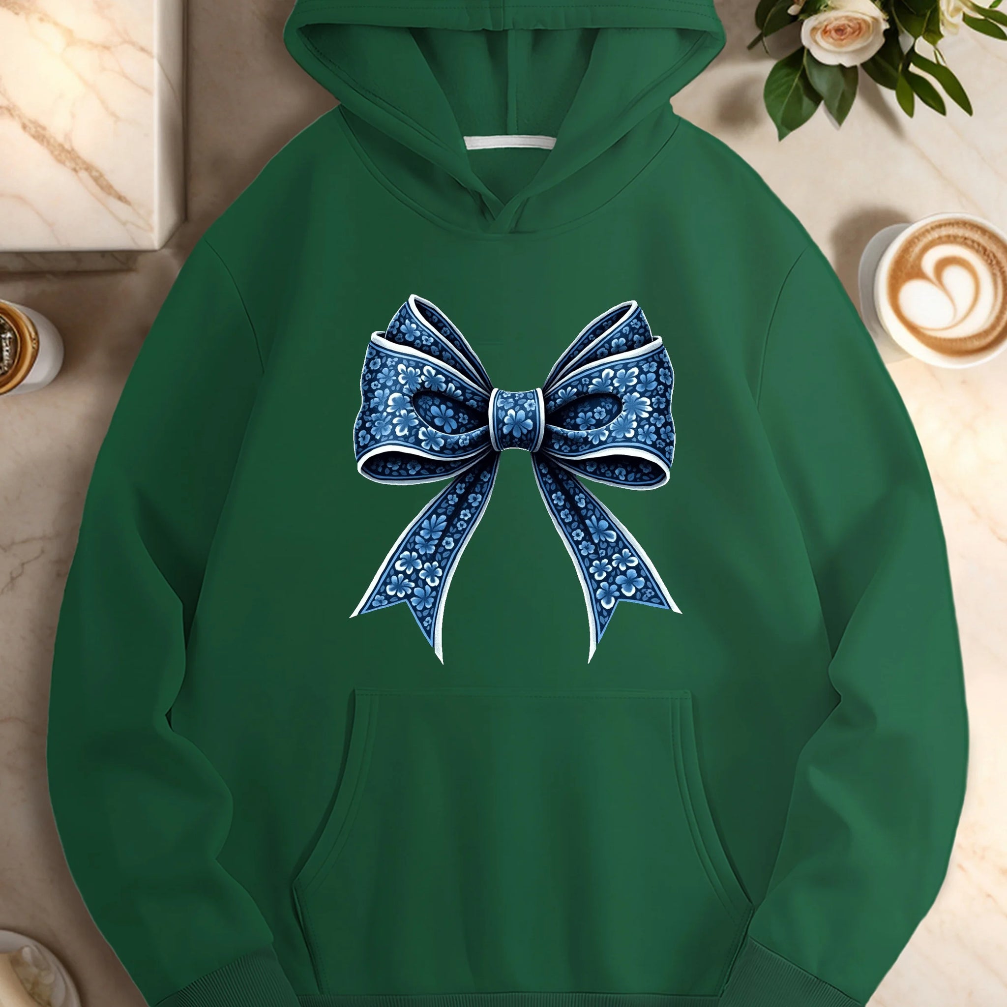 Floral Bow Accent Casual Hoodie