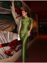 Women Elegant Green Satin Maxi Dress Lace Slit Asymmetric High Neck Draped One-sleeve Slim Fit Lgown Formal Evening Party Outfit