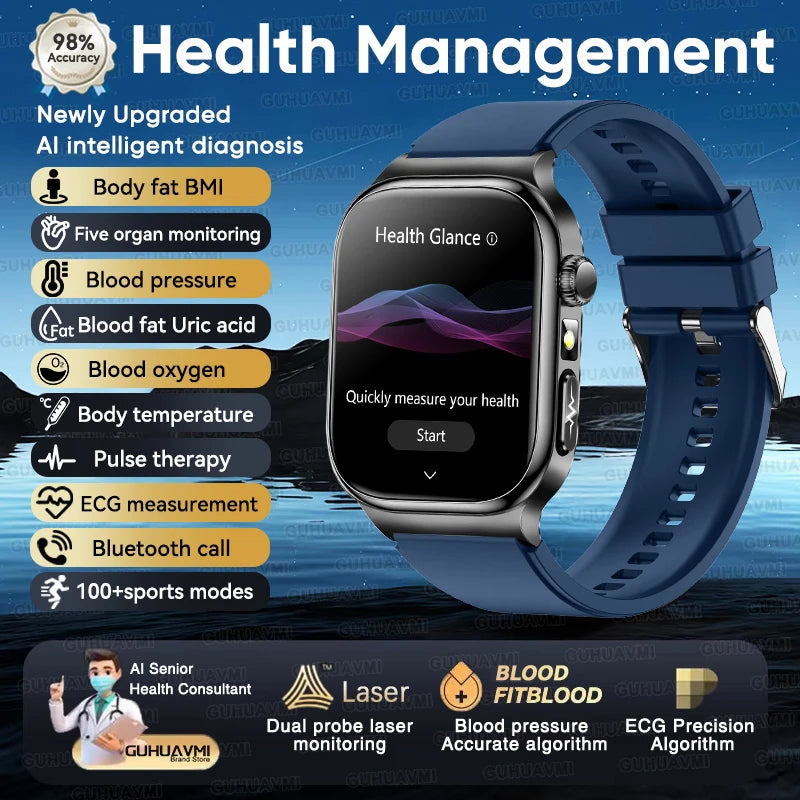 2026 New Accurate Measurement Health Smart Watch ECG+PPG Uric Acid Blood Pressure Blood Lipids BT Call Smartwatchs For Men Women