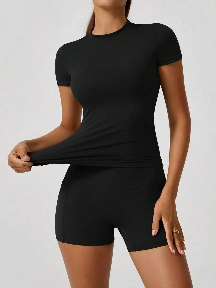 Women's Sculpting Sports Short Sleeve & High-Waist Shorts Set