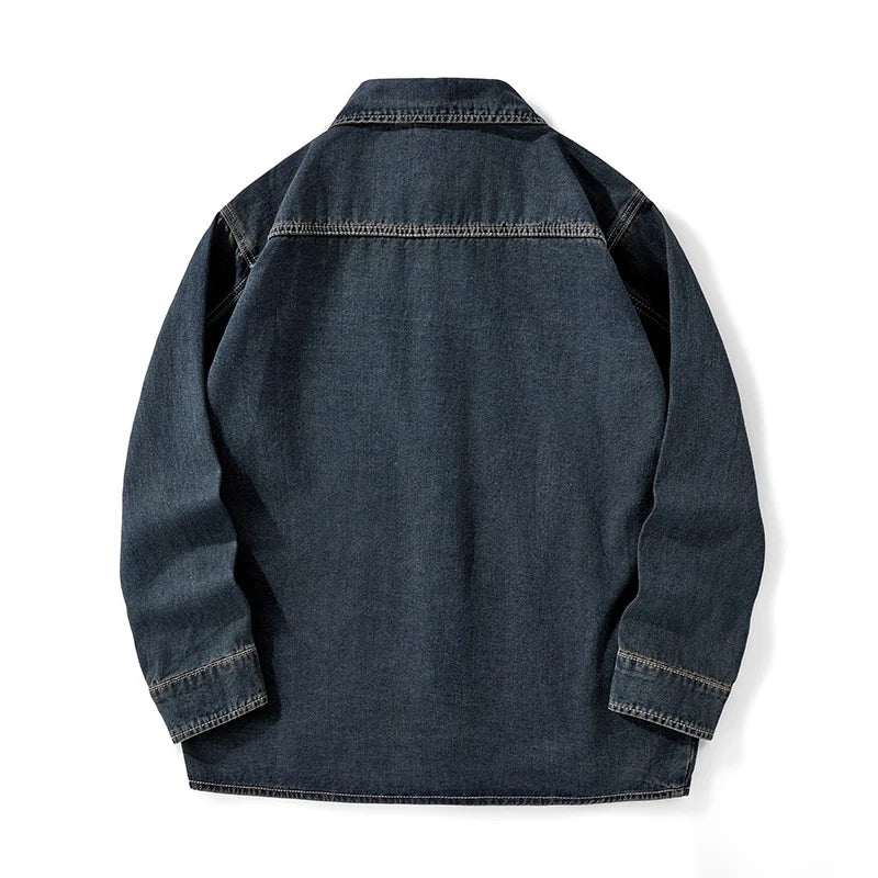 Heavy duty washed denim jacket for men vintage blue lapel long sleeved shirt style jacket casual and loose outer wear