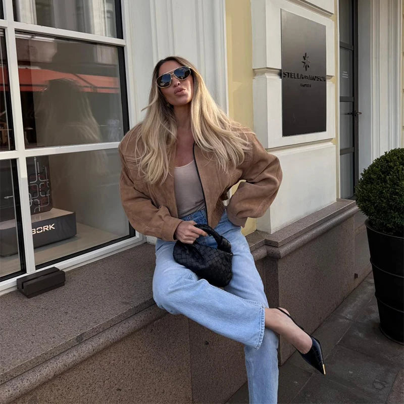 Vintage Suede Jacket For Women Long Sleeve Pocket Turn-down Collar Zipper Short Coat 2025 Autumn Winter Streetwear Lady Outwears