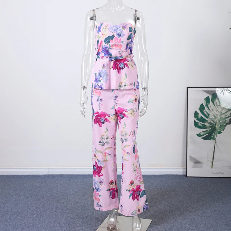 Floral Strapless Vest & Straight-Leg Trouser Set