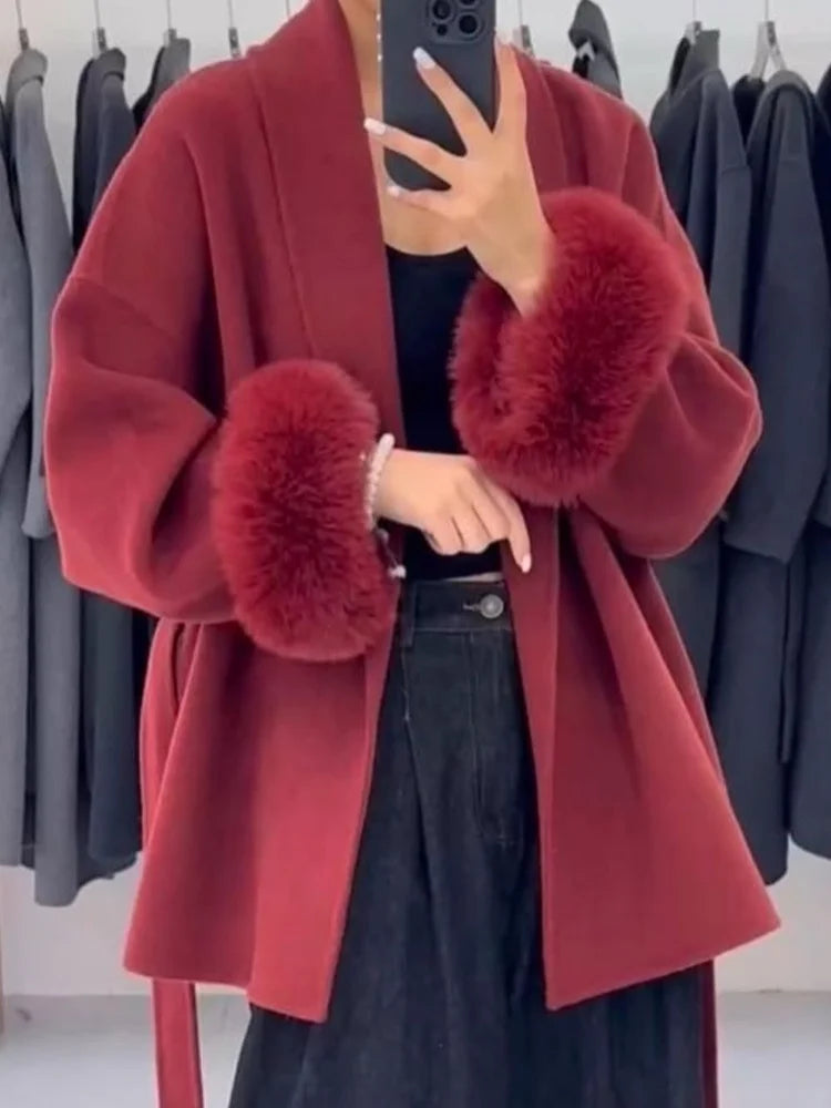 Elegant Lace-Up Woolen Short Coat