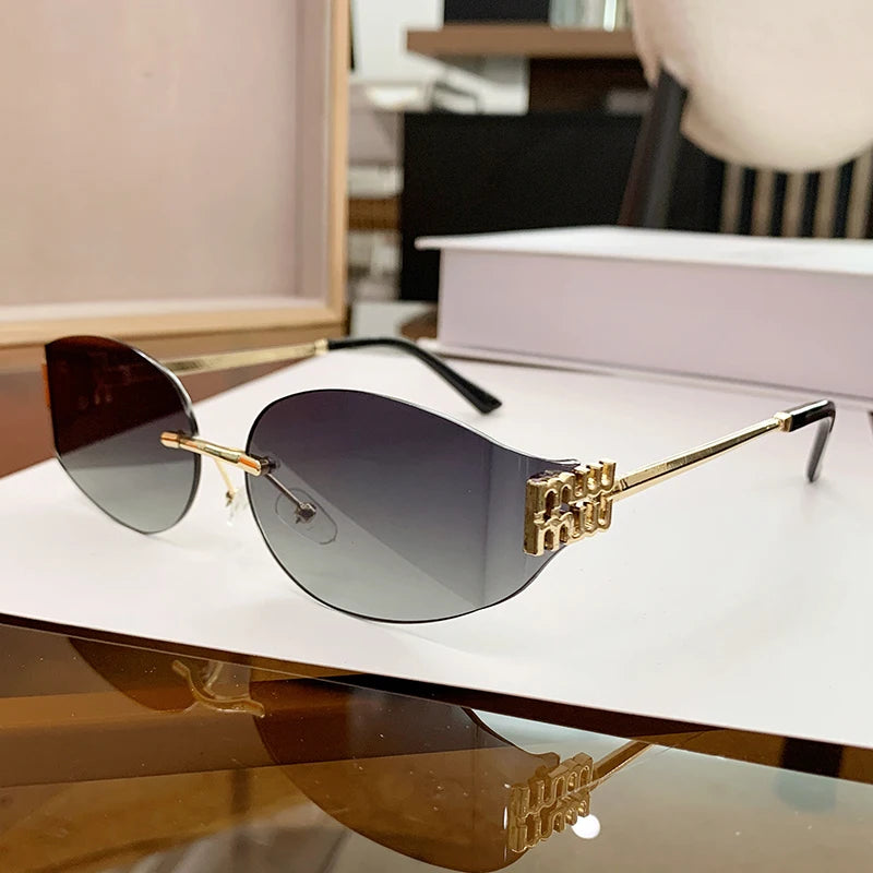 Oversized Rimless Oval Sunglasses – UV400 Metal Frame