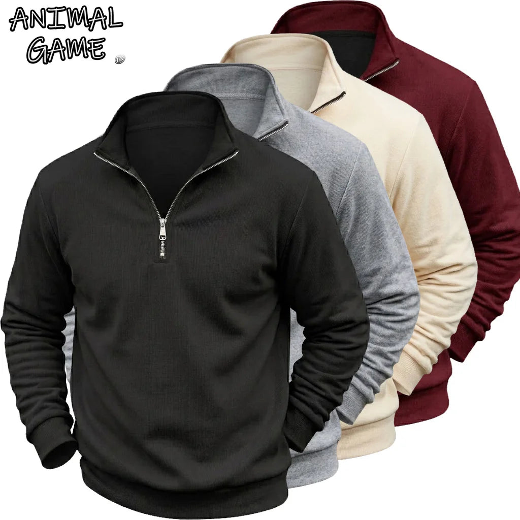 Men's Zip Sweatshirt Pullover Stand Collar Warm Fleece Casual Sweater Plain Long Sleeve Jumper Outwear Tops for Men Streetwear